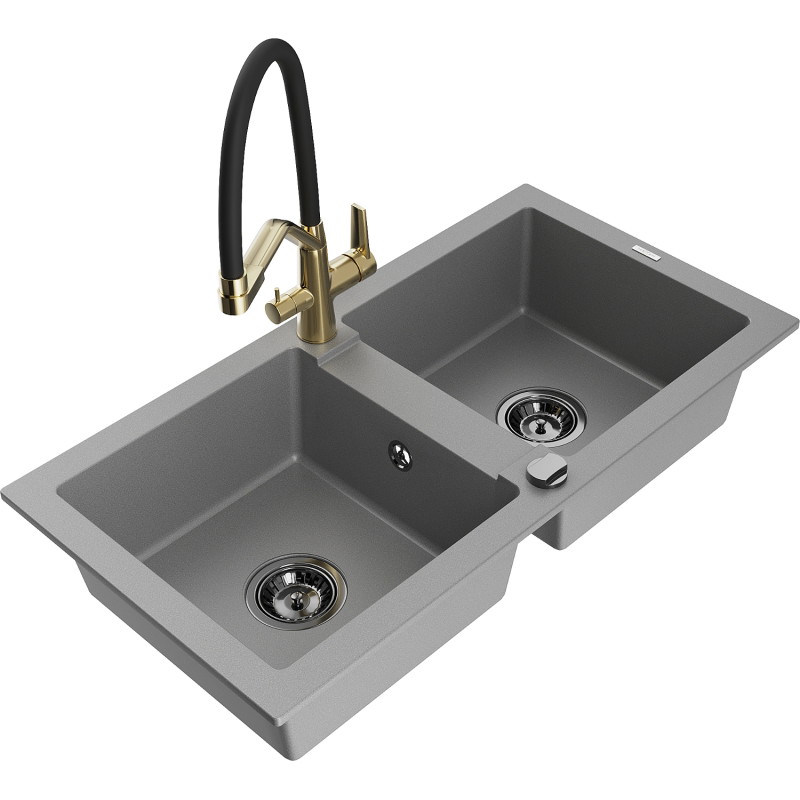 Mexen Mario granite double bowl sink with Duo kitchen faucet, gray - 6504-71-671701-57-B