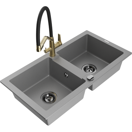 Mexen Mario granite double bowl sink with Duo kitchen faucet, gray - 6504-71-671701-57-B