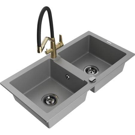 Mexen Mario granite kitchen sink with two bowls and kitchen faucet Duo, gray - 6504-71-671701-57-B