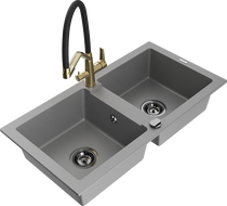 Mexen Mario granite double bowl sink with Duo kitchen faucet, gray - 6504-71-671701-57-B