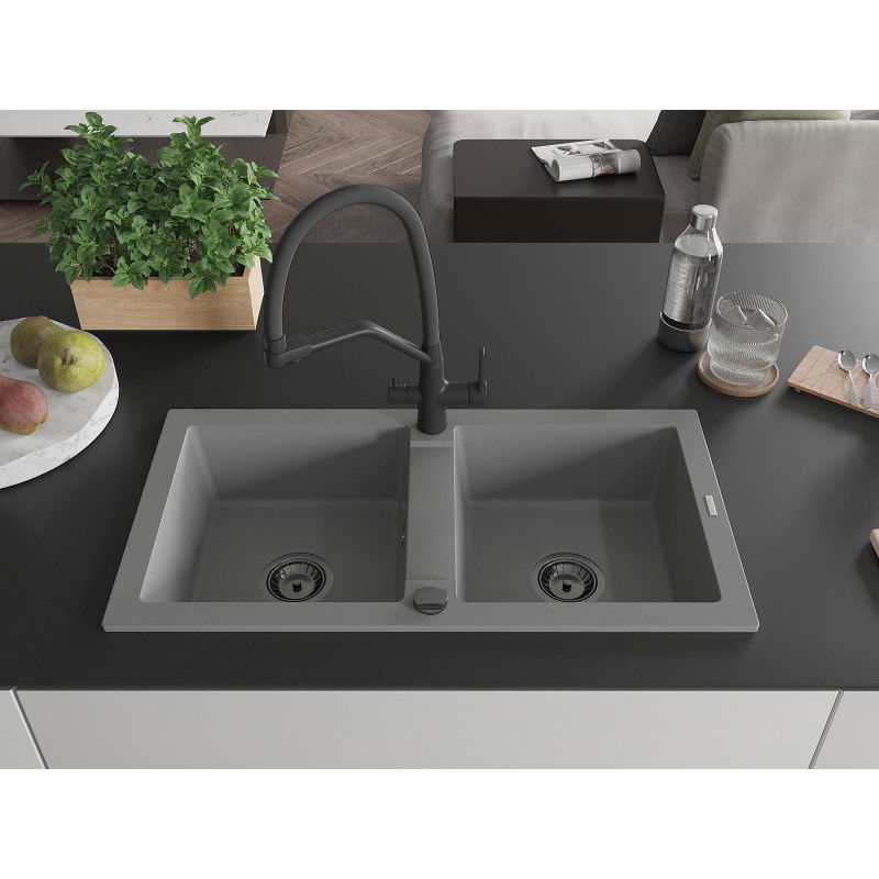 Mexen Mario granite sink 2-bowl with Duo kitchen tap, grey - 6504-71-671701-70-B