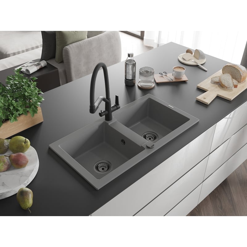 Mexen Mario 2-Compartment Granite Kitchen Sink with Duo Faucet, Gray - 6504-71-671701-70-B