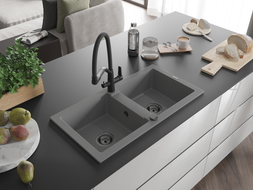 Mexen Mario granite kitchen sink 2-compartment with kitchen faucet Duo, gray - 6504-71-671701-70-B