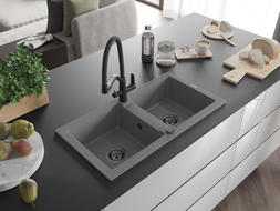 Mexen Mario granite sink 2-bowl with Duo kitchen tap, grey - 6504-71-671701-70-B