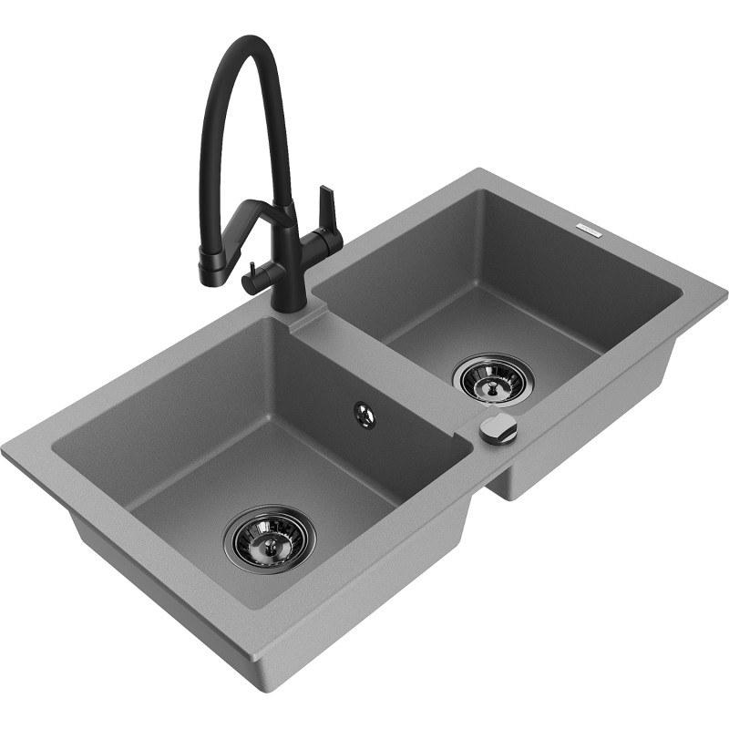 Mexen Mario 2-Compartment Granite Kitchen Sink with Duo Faucet, Gray - 6504-71-671701-70-B