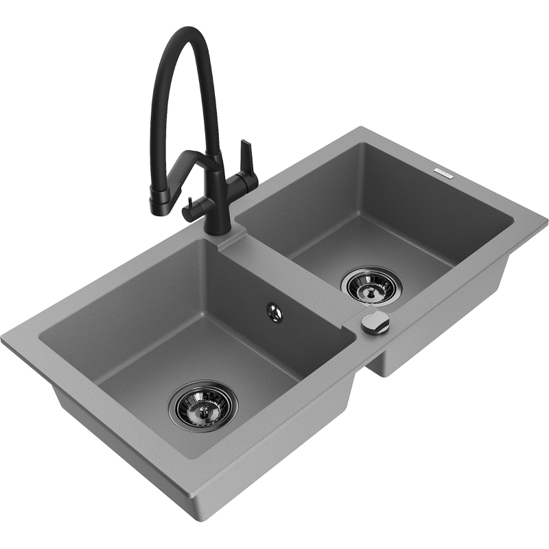 Mexen Mario 2-compartment granite sink with a kitchen mixer tap Duo, grey - 6504-71-671701-70-B