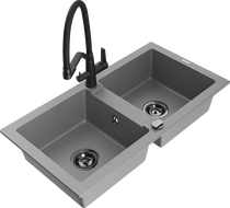 Mexen Mario 2-compartment granite sink with a kitchen mixer tap Duo, grey - 6504-71-671701-70-B