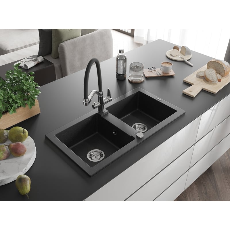 Mexen Mario granite kitchen sink 2-bowl with kitchen faucet Duo, black/silver metallic - 6504-73-671701-07
