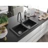 Mexen Mario 2-bowl granite sink with kitchen faucet Duo, black/silver metallic - 6504-73-671701-07