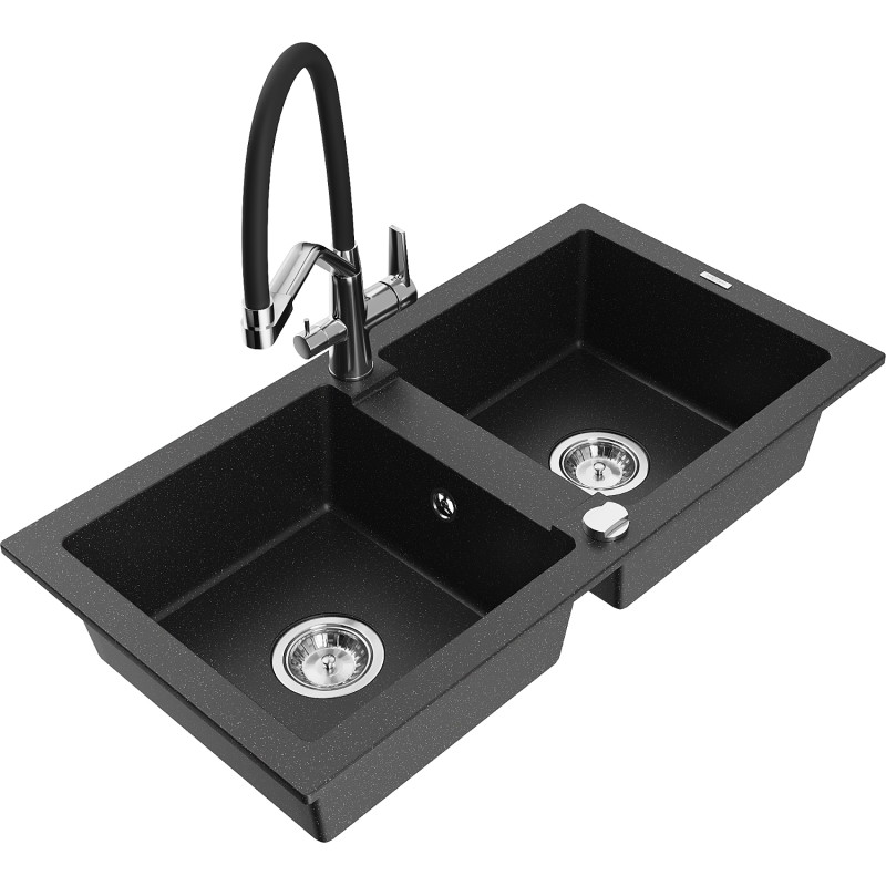 Mexen Mario 2-bowl granite sink with kitchen faucet Duo, black/silver metallic - 6504-73-671701-07