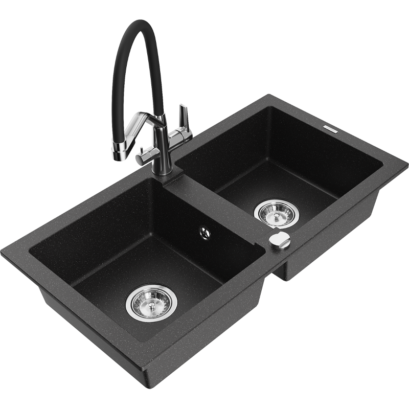 Mexen Mario granite sink 2-chamber with Duo kitchen tap, black/silver metallic - 6504-73-671701-07