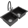 Mexen Mario 2-bowl granite sink with kitchen faucet Duo, black/silver metallic - 6504-73-671701-07
