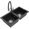 Mexen Mario granite kitchen sink 2-bowl with kitchen faucet Duo, black/silver metallic - 6504-73-671701-07