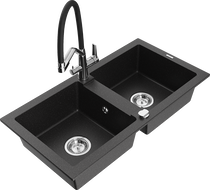 Mexen Mario granite kitchen sink 2-bowl with kitchen faucet Duo, black/silver metallic - 6504-73-671701-07