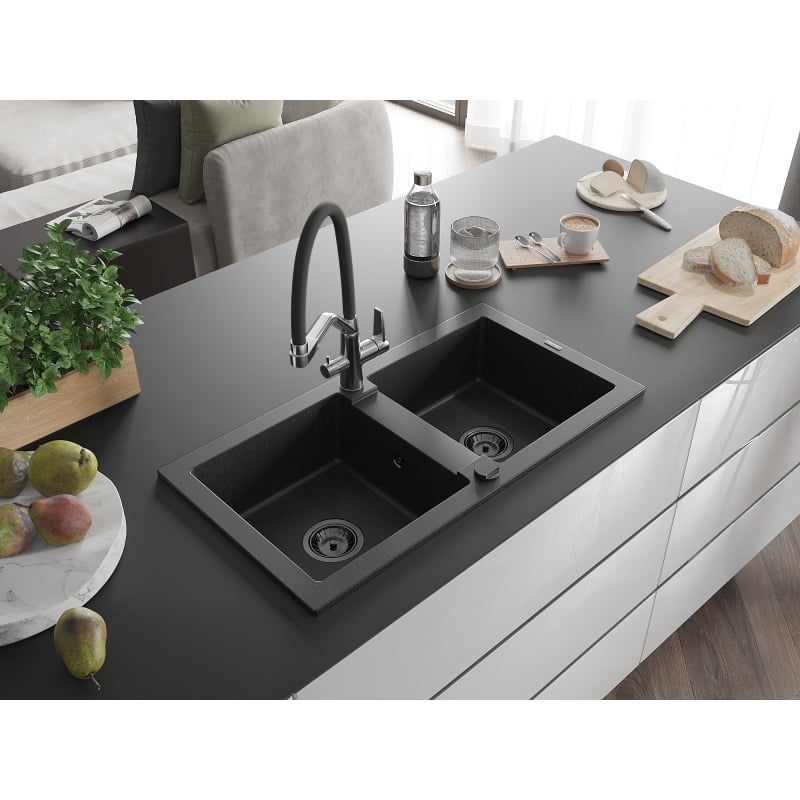 Mexen Mario granite double-bowl sink with kitchen faucet Duo, black/silver metallic - 6504-73-671701-07-B