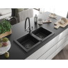 Mexen Mario granite double-bowl sink with kitchen faucet Duo, black/silver metallic - 6504-73-671701-07-B