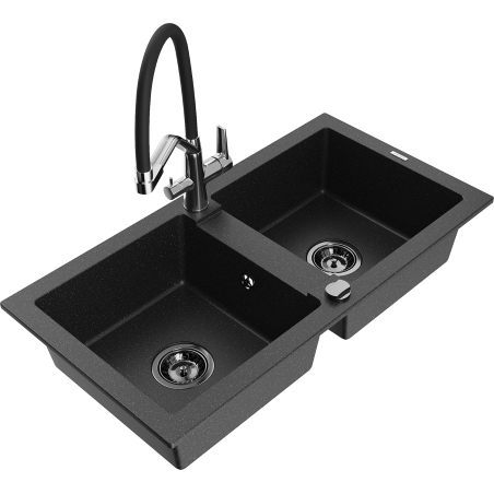 Mexen Mario granite double-bowl sink with kitchen faucet Duo, black/silver metallic - 6504-73-671701-07-B