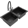 Mexen Mario granite double-bowl sink with kitchen faucet Duo, black/silver metallic - 6504-73-671701-07-B