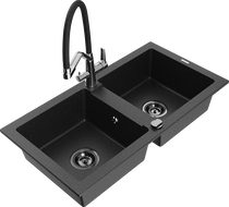 Mexen Mario granite double-bowl sink with kitchen faucet Duo, black/silver metallic - 6504-73-671701-07-B