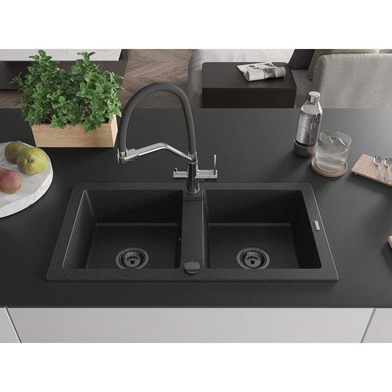 Mexen Mario granite sink 2-chamber with Duo kitchen tap, black/silver metallic - 6504-73-671701-07-B