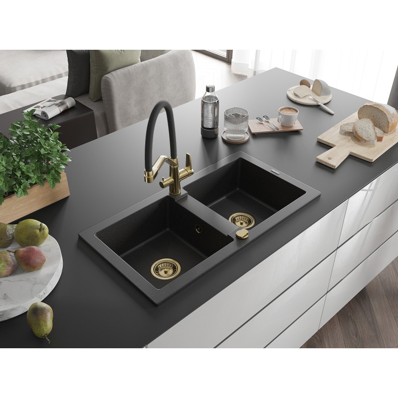Mexen Mario 2-chamber granite sink with Duo kitchen faucet, black/silver metallic - 6504-73-671701-57-G