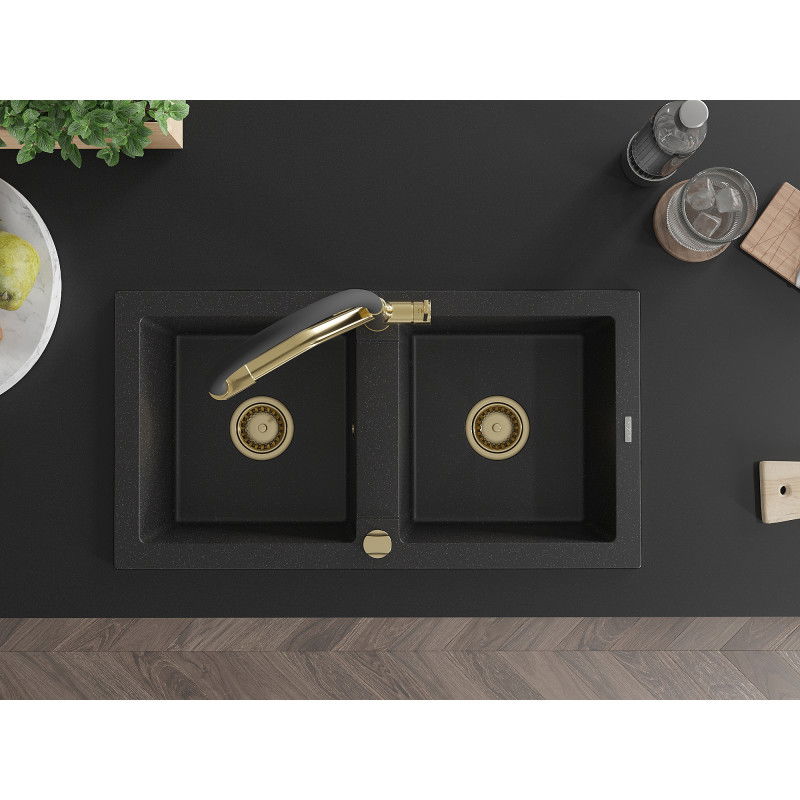 Mexen Mario granite 2-bowl sink with Duo kitchen tap, black/silver metallic - 6504-73-671701-57-G