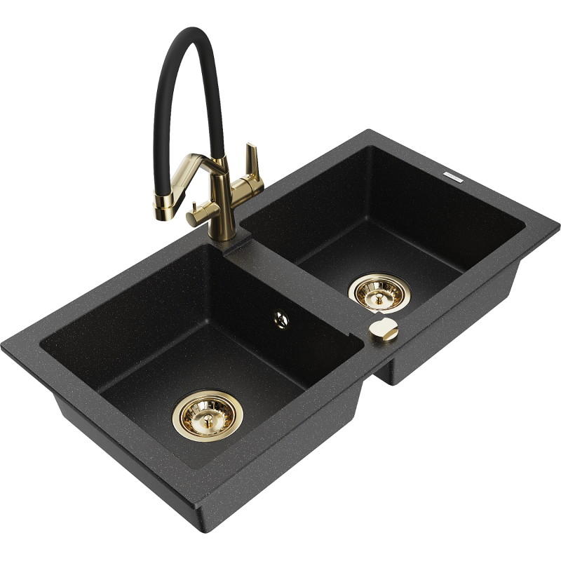 Mexen Mario 2-chamber granite sink with Duo kitchen faucet, black/silver metallic - 6504-73-671701-57-G