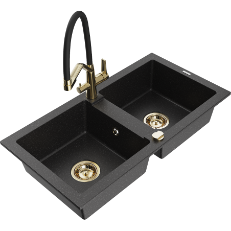 Mexen Mario 2-compartment granite sink with Duo kitchen faucet, black/silver metallic - 6504-73-671701-57-G