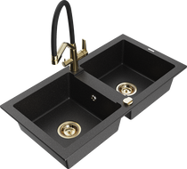 Mexen Mario 2-chamber granite sink with Duo kitchen faucet, black/silver metallic - 6504-73-671701-57-G