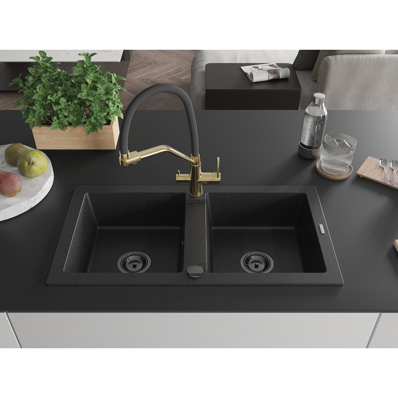 Mexen Mario 2-bowl granite sink with Duo kitchen faucet, black/silver metallic - 6504-73-671701-57-B