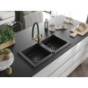 Mexen Mario 2-Bowl Granite Kitchen Sink with Duo Faucet, Black/Silver Metallic - 6504-73-671701-57-B