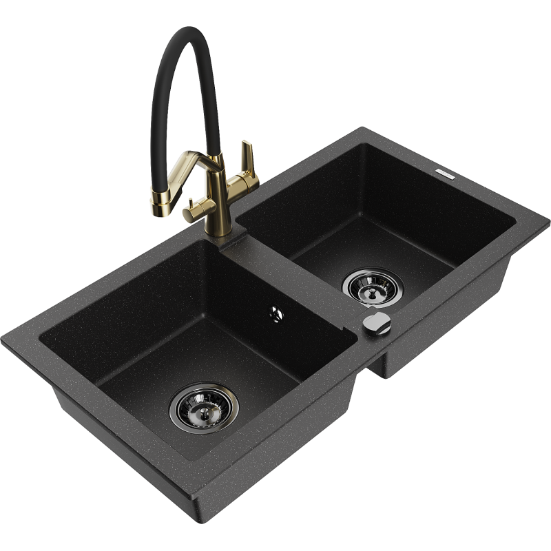 Mexen Mario 2-compartment granite sink with a kitchen mixer tap Duo, Black/ silver metallic - 6504-73-671701-57-B