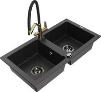 Mexen Mario 2-bowl granite sink with Duo kitchen faucet, black/silver metallic - 6504-73-671701-57-B