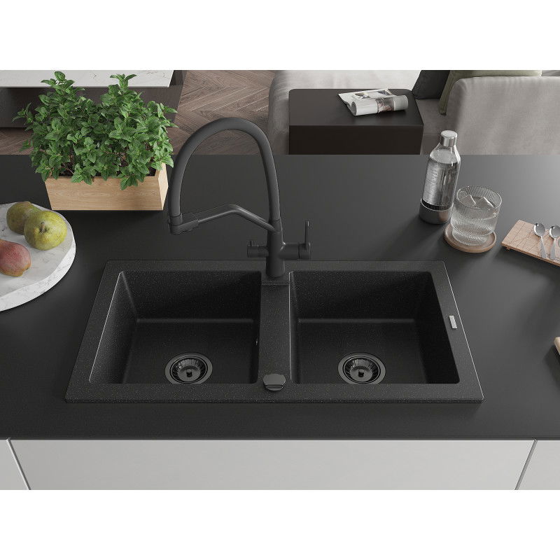 Mexen Mario granite kitchen sink 2-compartment with Duo kitchen tap, black/silver metallic - 6504-73-671701-70-B