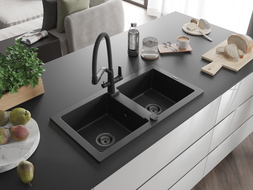 Mexen Mario granite double-bowl kitchen sink with Duo faucet, black/silver metallic - 6504-73-671701-70-B