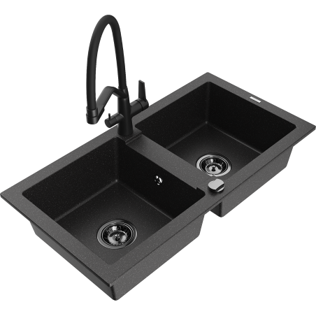 Mexen Mario granite double-bowl kitchen sink with Duo faucet, black/silver metallic - 6504-73-671701-70-B