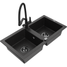 Mexen Mario granite double-bowl sink with Duo kitchen faucet, black/silver metallic - 6504-73-671701-70-B
