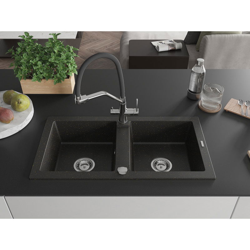 Mexen Mario granite double-bowl sink with Duo kitchen tap, black/gold metallic - 6504-75-671701-07