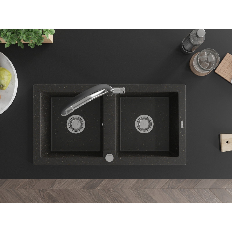 Mexen Mario granite double-bowl sink with Duo kitchen faucet, black/gold metallic - 6504-75-671701-07
