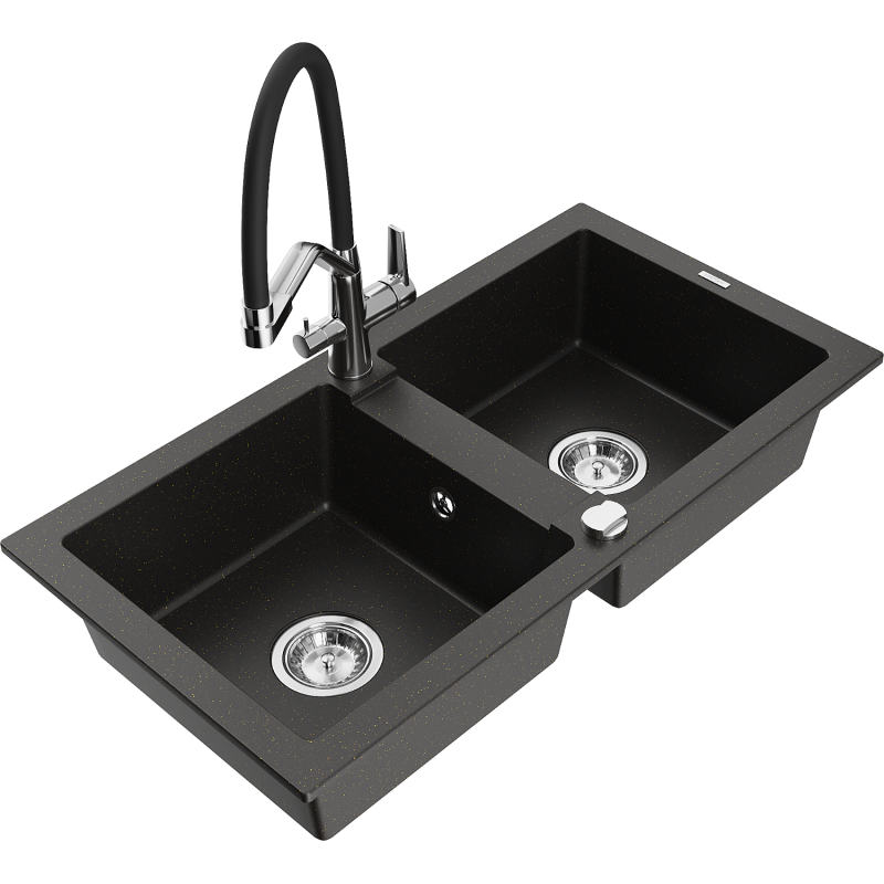 Mexen Mario 2-compartment granite sink with a kitchen mixer tap Duo, Black/ gold metallic - 6504-75-671701-07