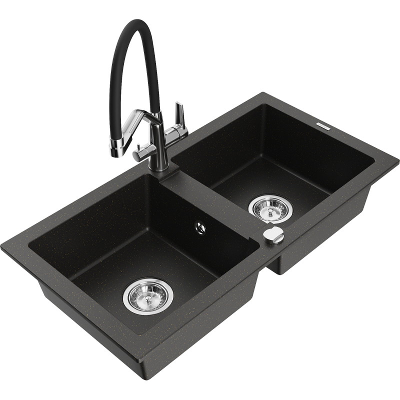 Mexen Mario granite double-bowl sink with Duo kitchen faucet, black/gold metallic - 6504-75-671701-07