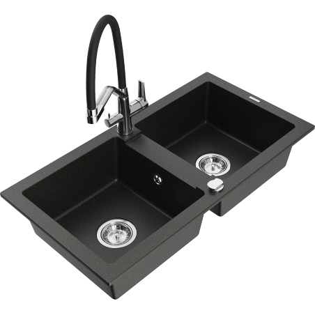 Mexen Mario granite double-bowl sink with Duo kitchen faucet, black/gold metallic - 6504-75-671701-07