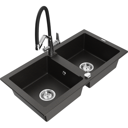 Mexen Mario granite double-bowl sink with Duo kitchen tap, black/gold metallic - 6504-75-671701-07