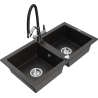 Mexen Mario granite double-bowl sink with Duo kitchen faucet, black/gold metallic - 6504-75-671701-07