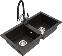 Mexen Mario granite double-bowl sink with Duo kitchen faucet, black/gold metallic - 6504-75-671701-07