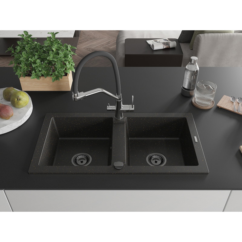 Mexen Mario granite kitchen sink 2-bowl with Duo kitchen faucet, black/gold metallic - 6504-75-671701-07-B
