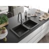 Mexen Mario granite kitchen sink 2-bowl with Duo kitchen tap, black/gold metallic - 6504-75-671701-07-B