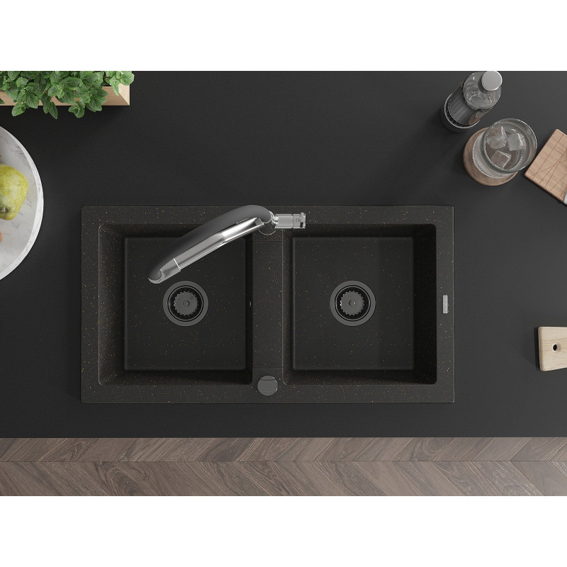 Mexen Mario granite kitchen sink 2-bowl with Duo kitchen faucet, black/gold metallic - 6504-75-671701-07-B