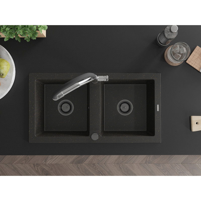 Mexen Mario granite kitchen sink 2-bowl with Duo kitchen tap, black/gold metallic - 6504-75-671701-07-B