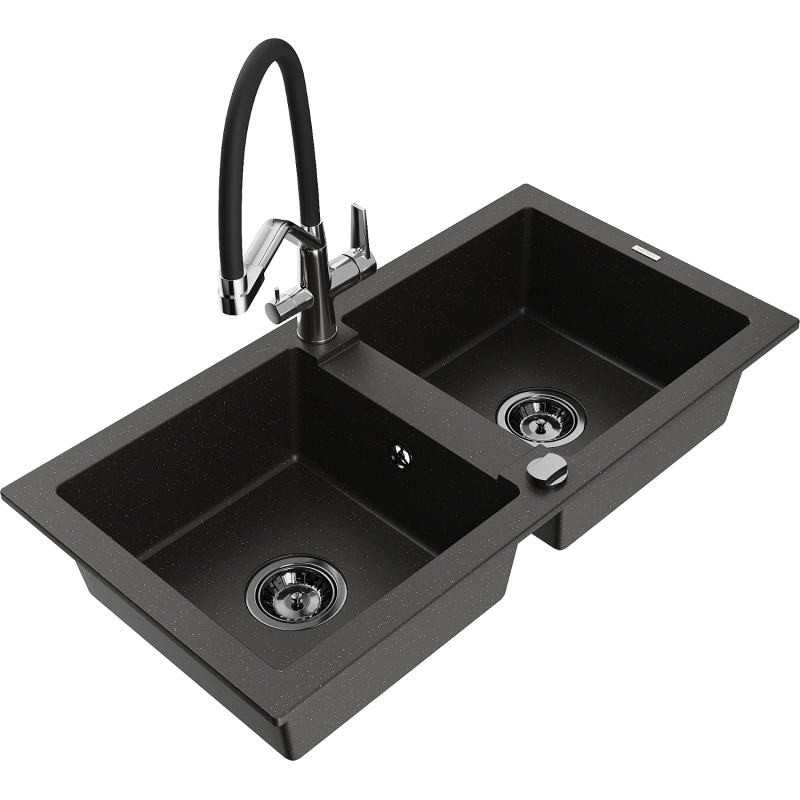 Mexen Mario granite kitchen sink 2-bowl with Duo kitchen tap, black/gold metallic - 6504-75-671701-07-B